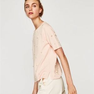 Zara pearl embellished shirt sleeve pink sweater